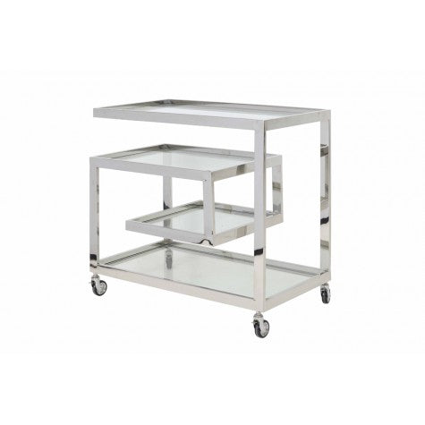 Servierwagen Glas Metall, Serviertisch silber-Glas, Trolley silber, Breite 81 cm