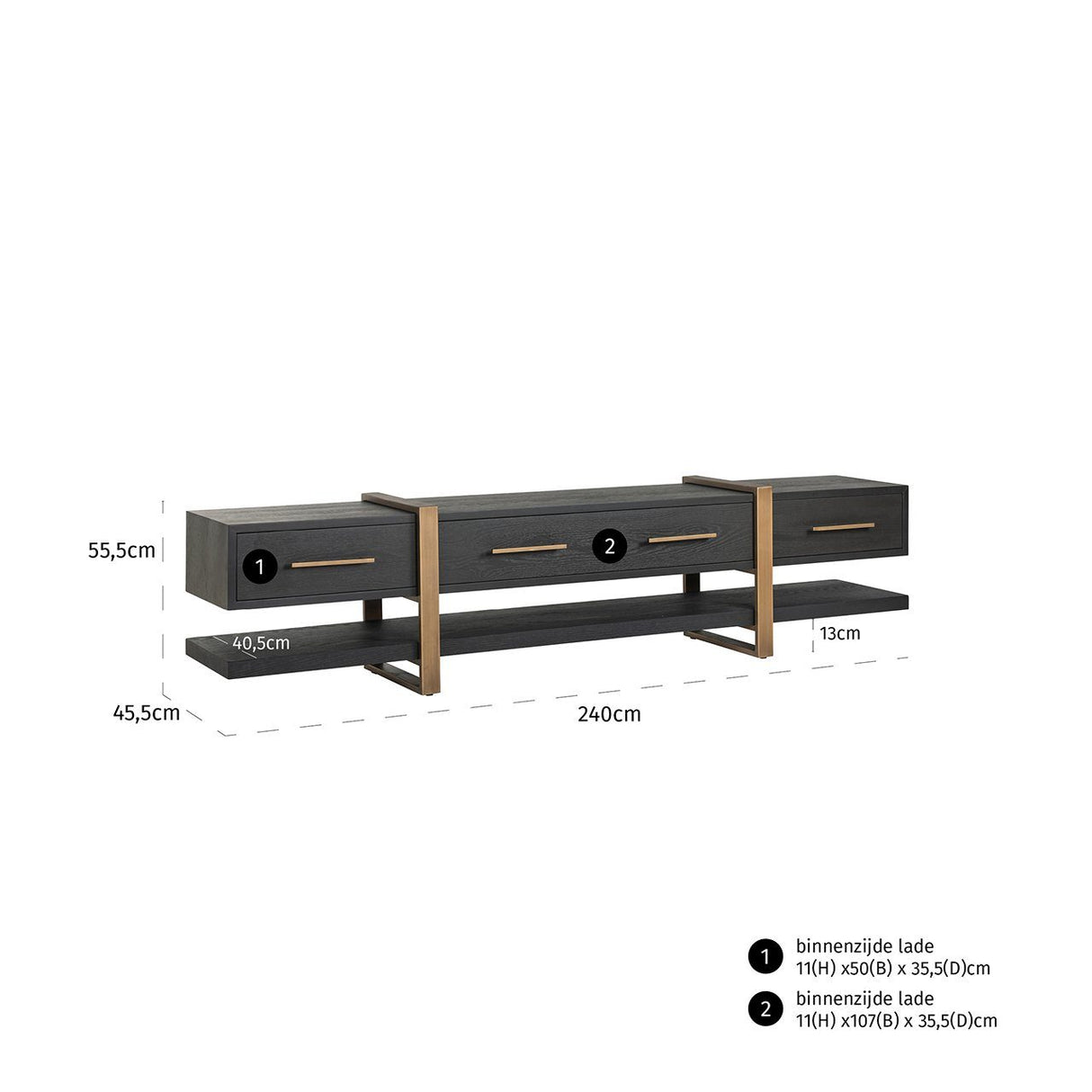 TV Schrank schwarz-Gold,  Fernsehschrank schwarz mit drei Schubladen, Breite 240 cm