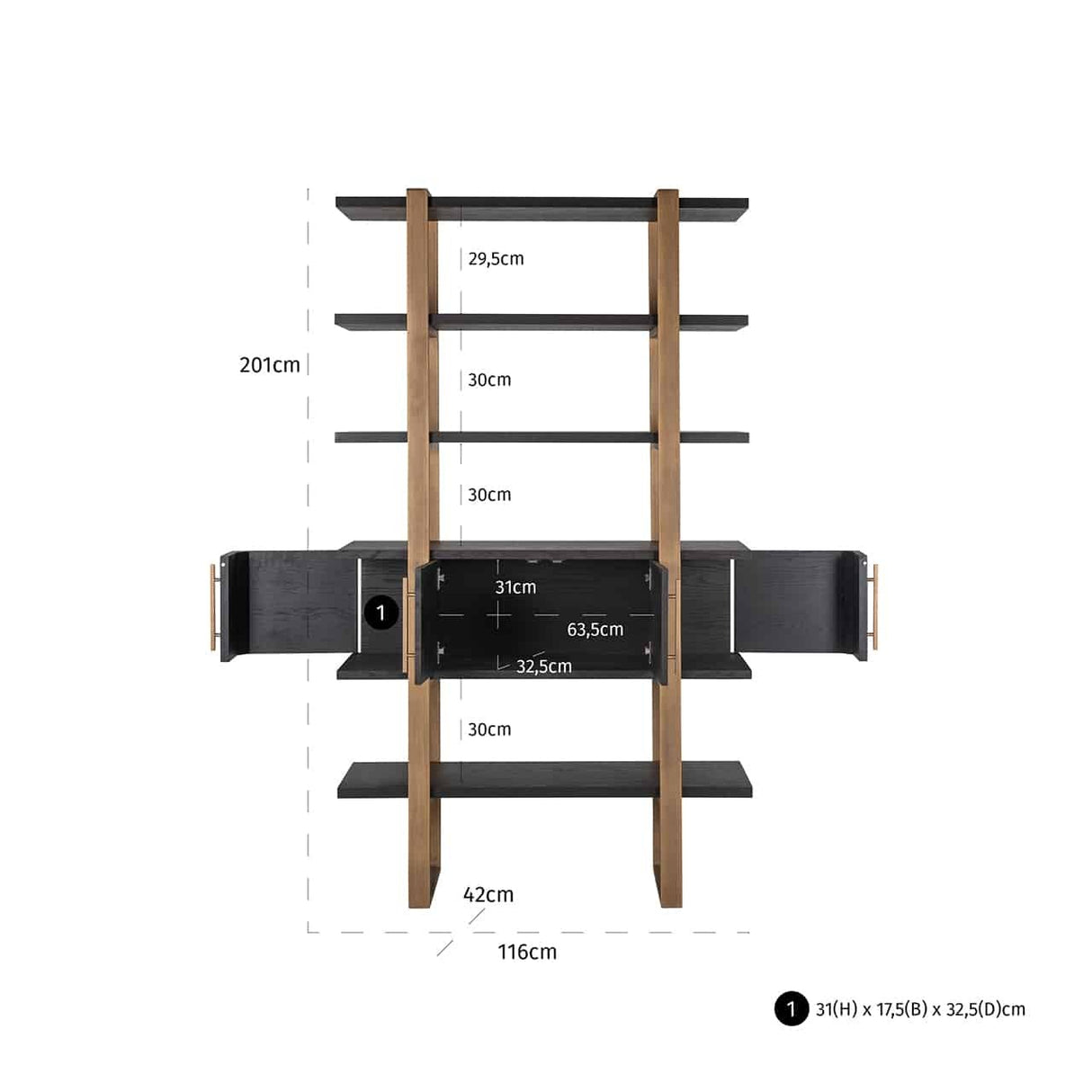 Regal Bronze-Gold Metall, Wandregal braun Eiche furniert, Bücherregal braun, Breite 116 cm