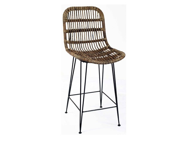 Barstuhl Rattan, Barhocker Metall-Naturholz-Rattan