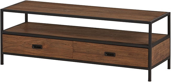 TV Schrank braun, Fernsehschrank Metall Holz, TV Regal Teakholz, Breite 130 cm