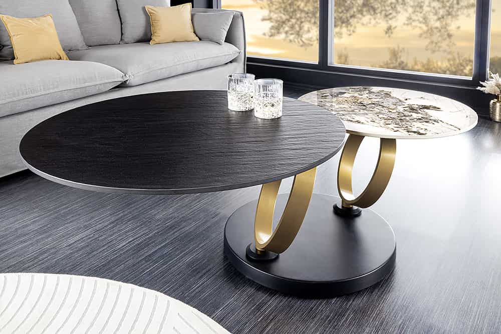 Couchtisch schwarz-Gold, Couchtisch ausziehbar rund, Durchmesser 80-134 cm