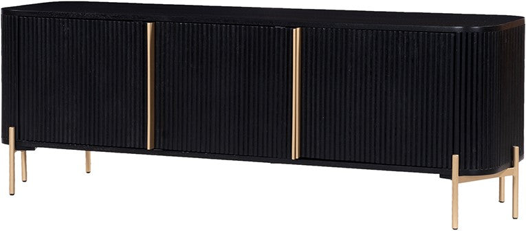 TV Schrank schwarz-Gold  Massivholz, Fernseherschrank schwarz Holz, Sideboard Holz schwarz, Breite 145 cm