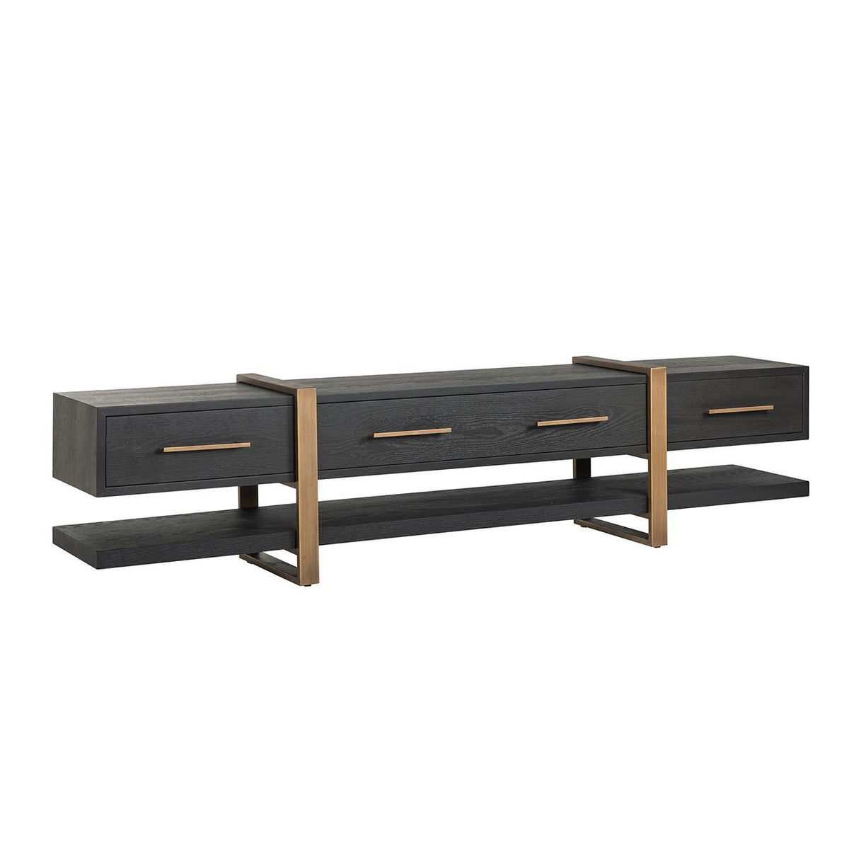 TV Schrank schwarz-Gold,  Fernsehschrank schwarz mit drei Schubladen, Breite 240 cm