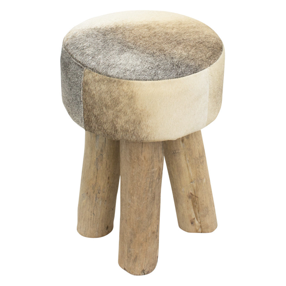 Hocker grau Kuhfell, Sitzhocker Holz Kuhfell, Hocker rund