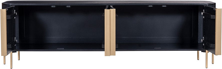 TV Schrank schwarz-Gold  Massivholz, Fernseherschrank schwarz Holz, Sideboard Holz schwarz, Breite 145 cm