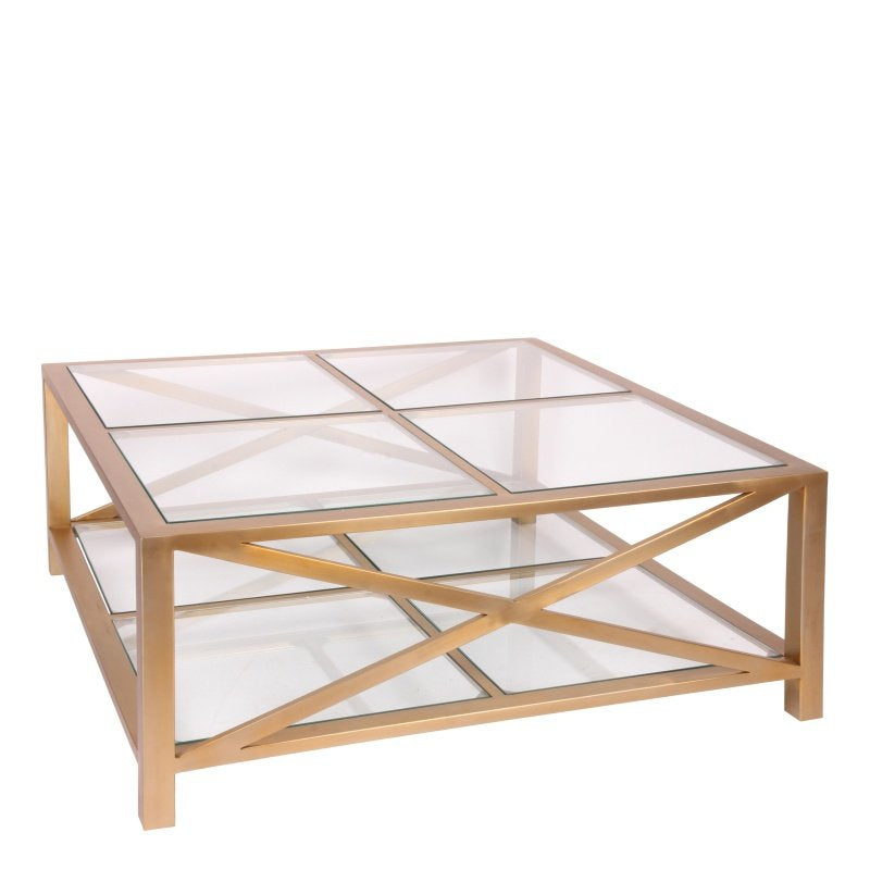 Couchtisch Gold, Metall-Glas Couchtisch Gold, quadratischer Couchtisch, 100x100 cm