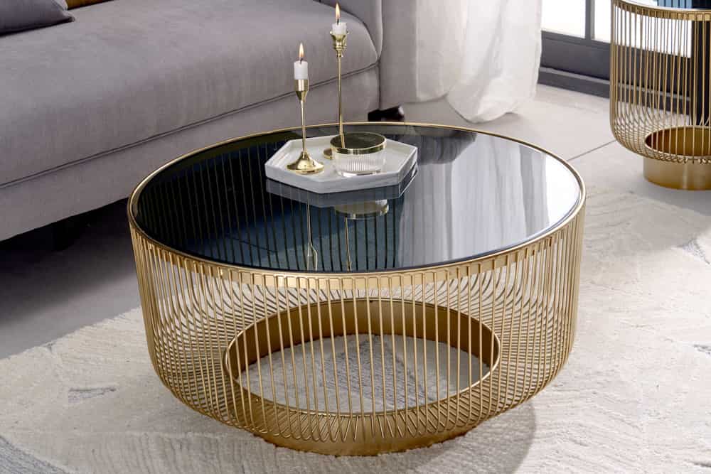 Couchtisch schwarz-Gold, Glas-Couchtisch rund, Durchmesser 79 cm