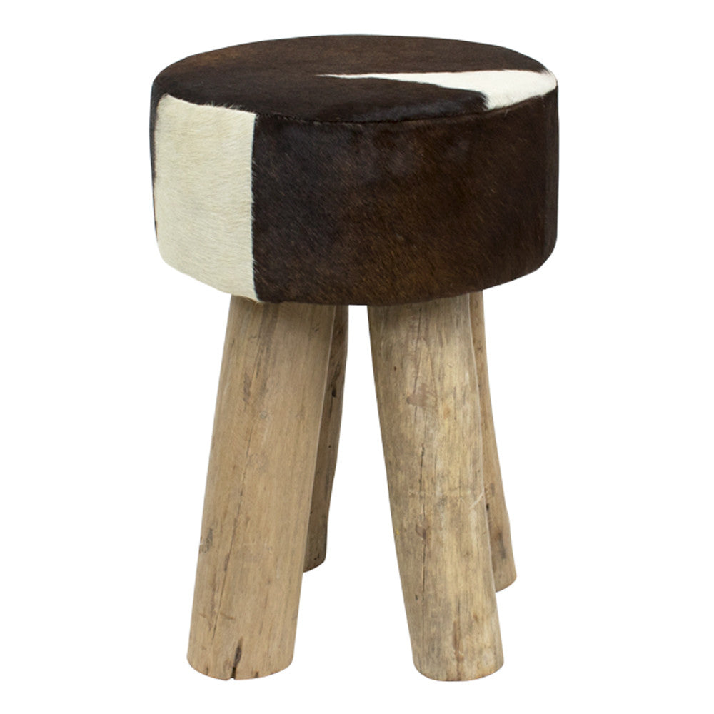 Hocker braun Kuhfell, Sitzhocker Holz Kuhfell, Hocker rund