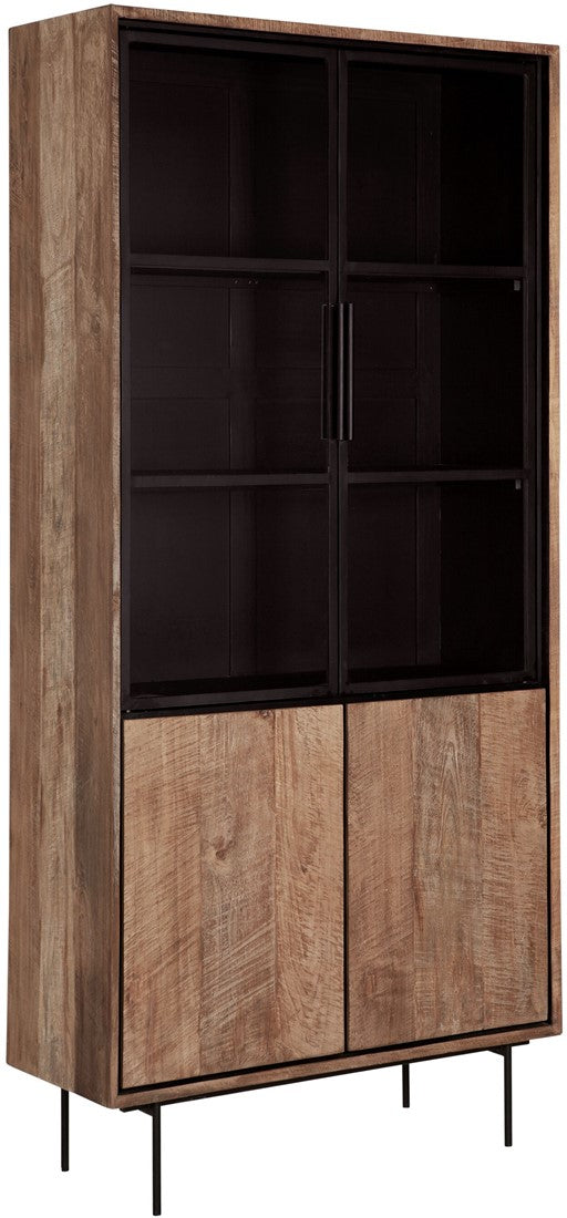 Vitrine Massivholz, Vitrinenschrank Metall-Türen, Geschirrschrank Metall Holz, Breite 100 cm