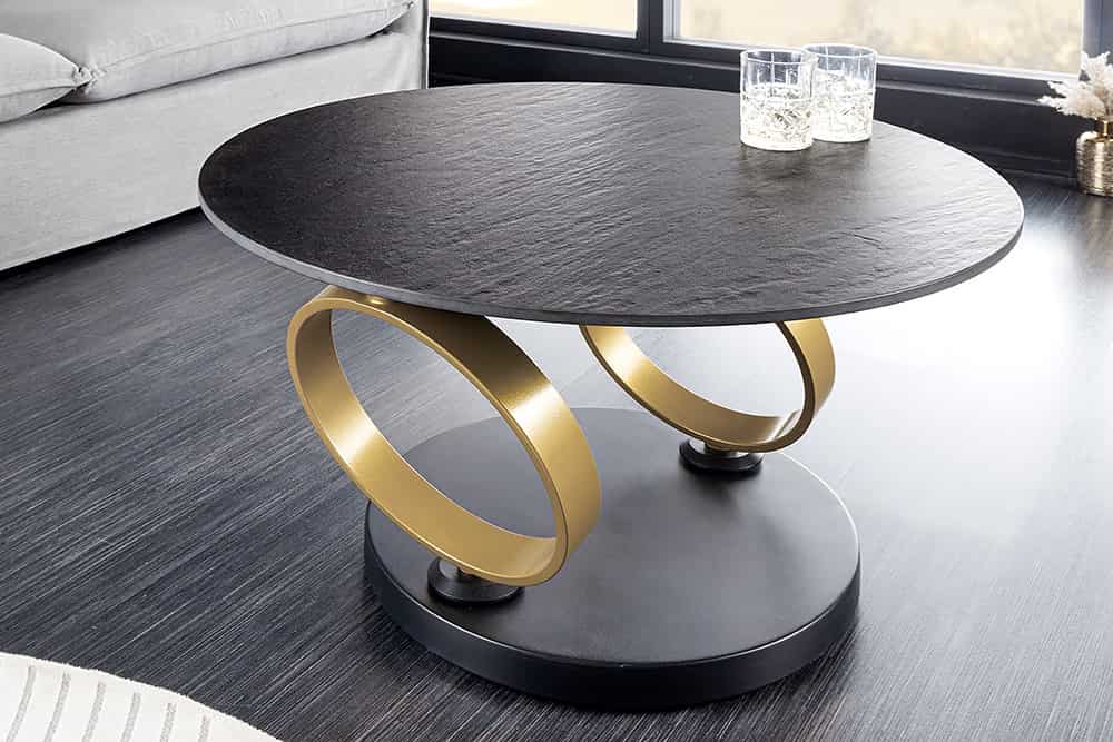 Couchtisch schwarz-Gold, Couchtisch ausziehbar rund, Durchmesser 80-134 cm