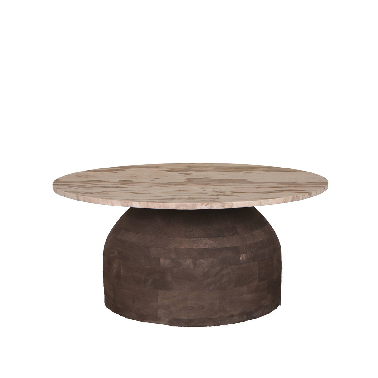 Couchtisch braun Marmorplatte, Couchtisch rund Holz braun, Durchmesser 90 cm