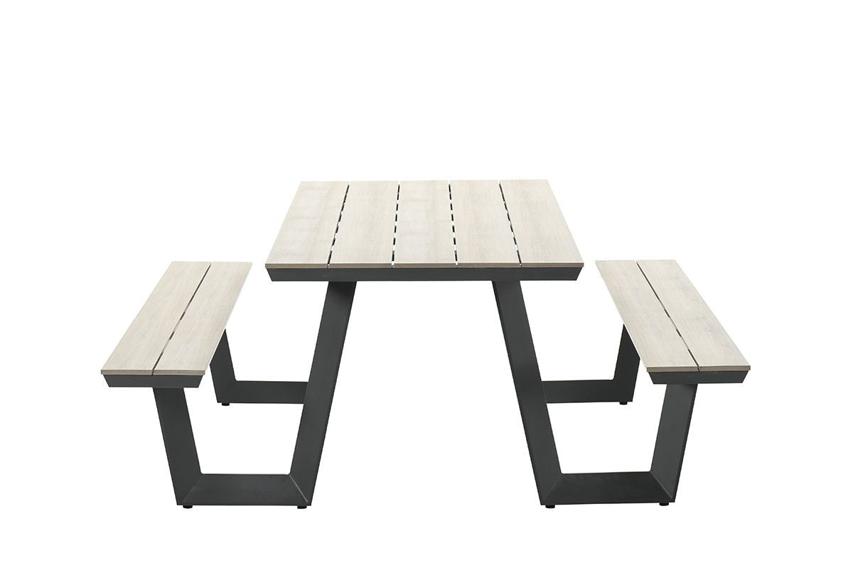Gartentisch grau, Gruppensitzbank grau, Sitzgruppe Aluminium anthrazit, Picknick Gartentisch mit Bank anthrazit