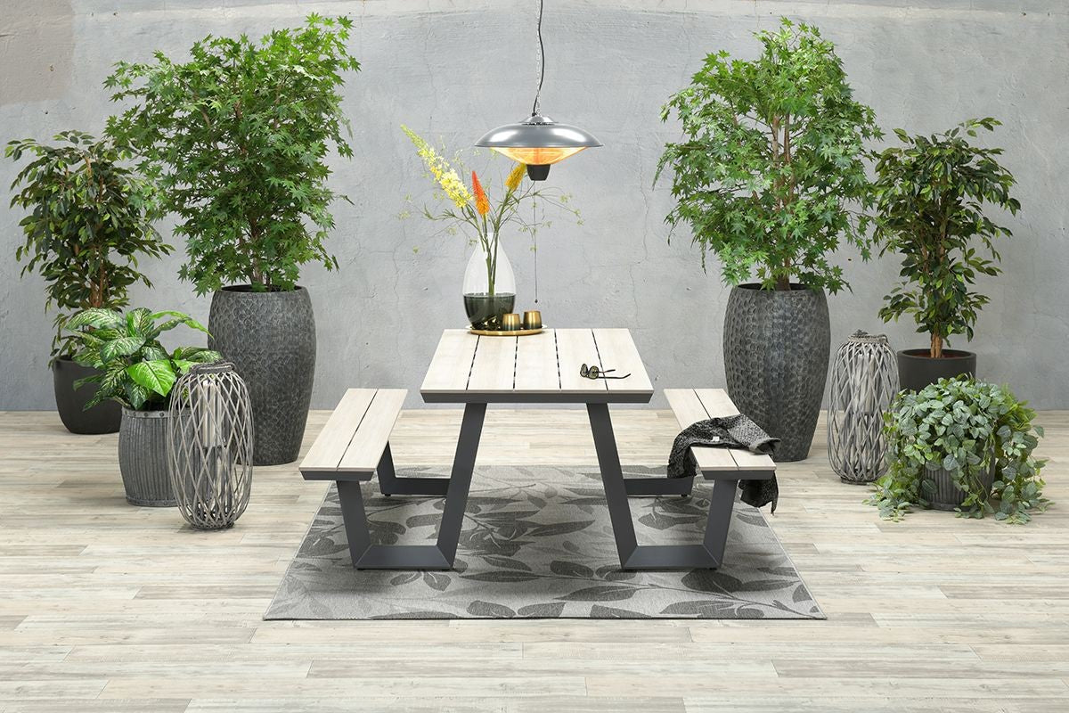 Gartentisch grau, Gruppensitzbank grau, Sitzgruppe Aluminium anthrazit, Picknick Gartentisch mit Bank anthrazit