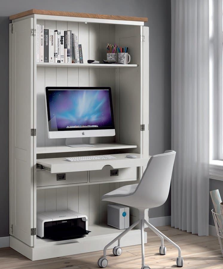 Homeoffice-Schrank weiß Landhaus, Computerschrank weiß Landhaus, Breite 100 cm