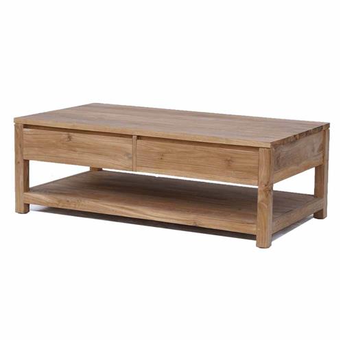 Couchtisch Teakholz braun, Kaffeetisch Massivholz mit Schublade Naturholz-braun, Länge 130 cm