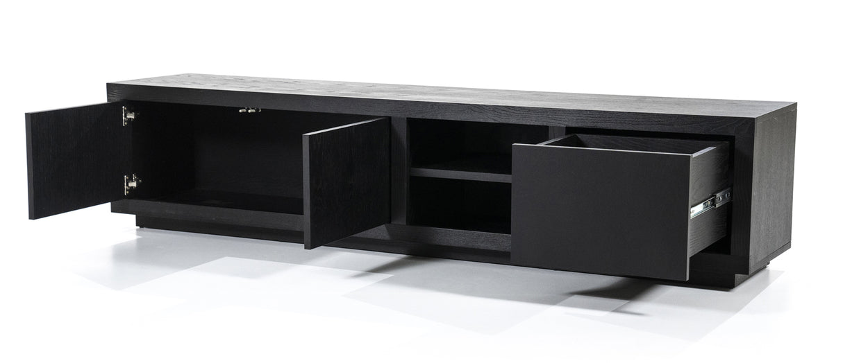 TV Schrank schwarz mit zwei Türen und einer Schublade, Fernsehschrank schwarz Holz, Breite 200 cm