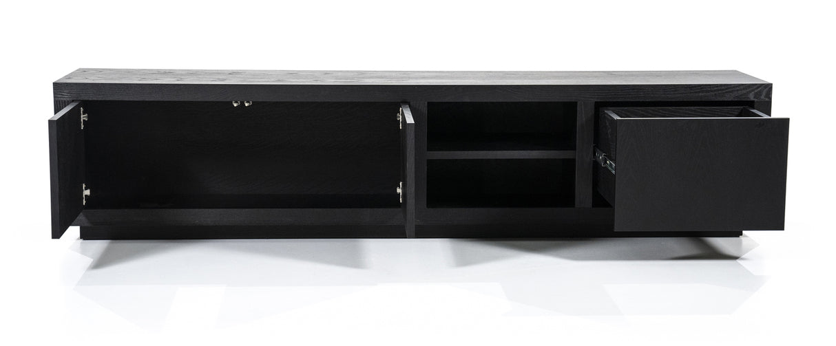 TV Schrank schwarz mit zwei Türen und einer Schublade, Fernsehschrank schwarz Holz, Breite 200 cm