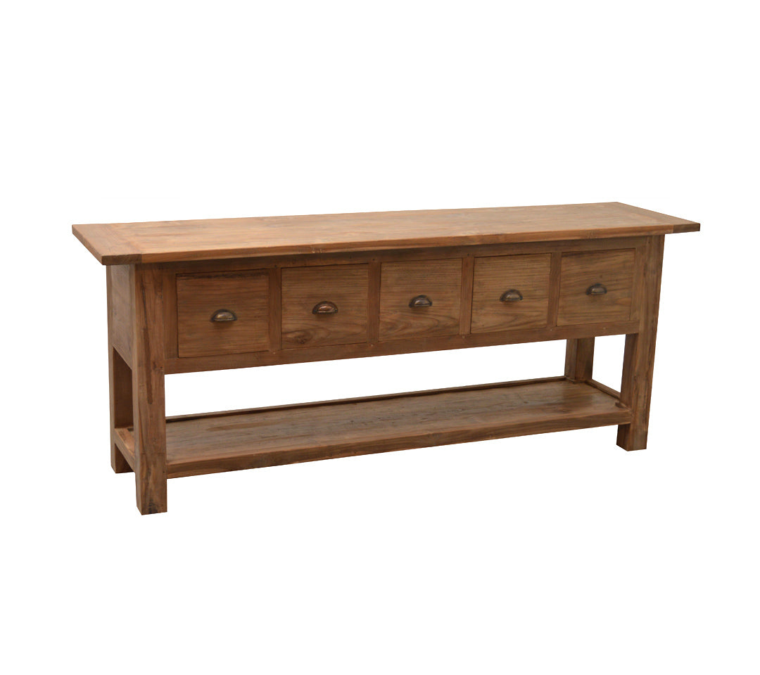 Konsole Teakholz Naturholz, Wandtisch Holz mit Schubladen, Breite 200 cm