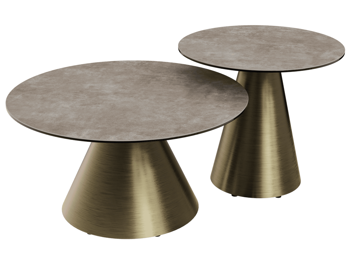 Couchtische taupe Marmoroptik Keramik, runder Couchtisch Gold Keramik, Durchmesser 75 cm