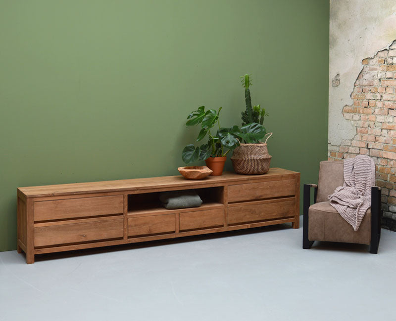 TV Schrank Teakholz Naturholz, Fernseheschrank Holz mit Schubladen, Breite 240 cm