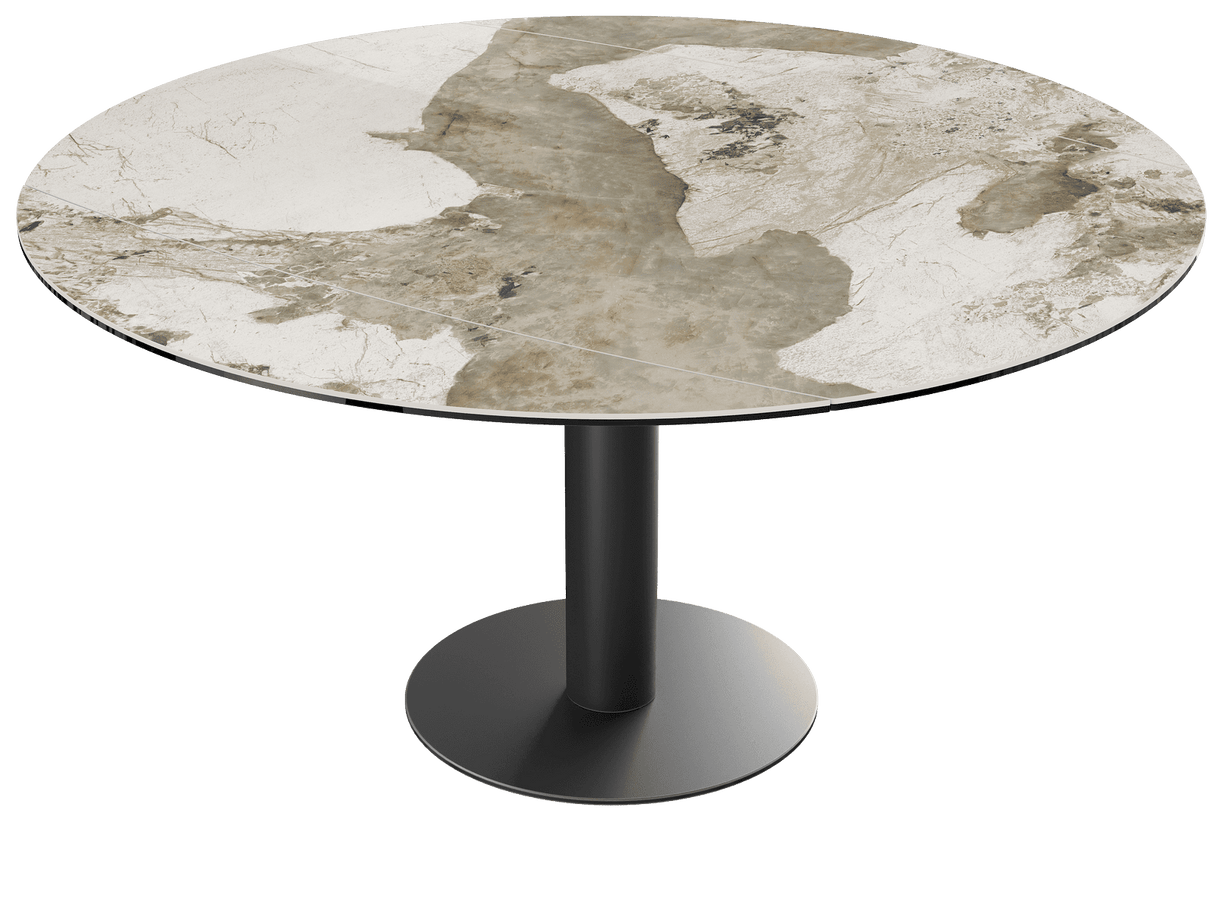 Ausziehtisch beige, Tisch Keramik-Tischplatte, runder Esstisch Keramikplatte, Esstisch taupe rund ausziehbar, Durchmesser 135 cm