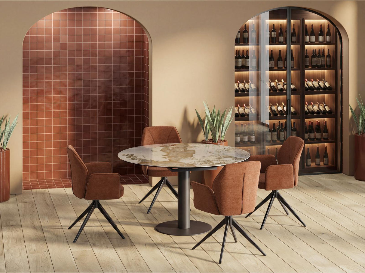 Ausziehtisch beige, Tisch Keramik-Tischplatte, runder Esstisch Keramikplatte, Esstisch taupe rund ausziehbar, Durchmesser 135 cm