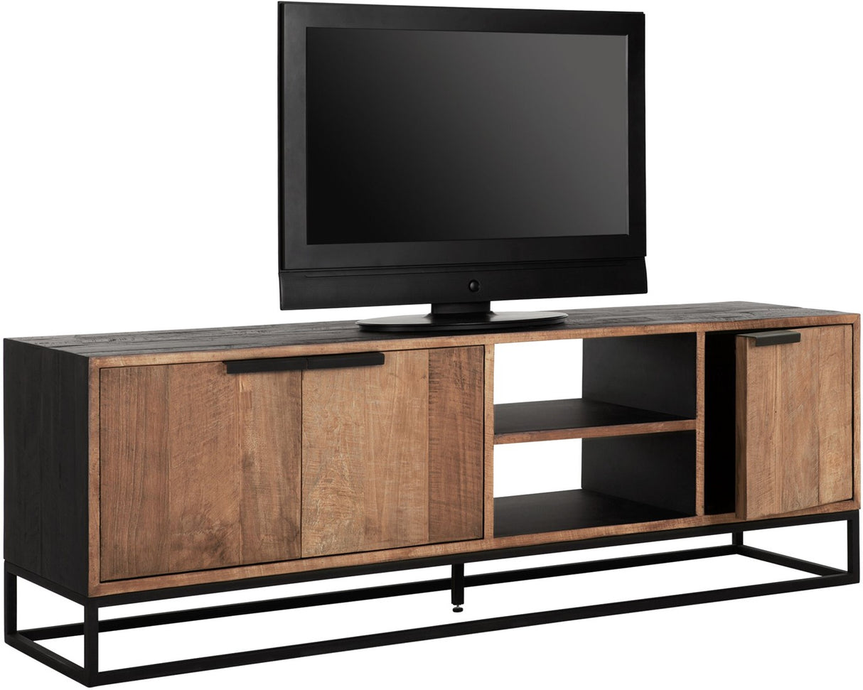 TV Schrank schwarz Naturholz, Fernseheschrank Holz Naturholz, TV Regal Metall-Gestell,  Breite 165 cm