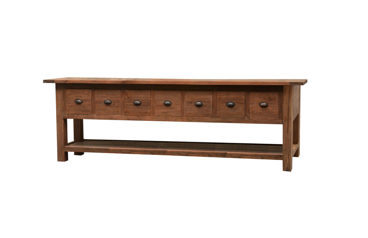 Konsole Teakholz Naturholz, Wandtisch Holz mit Schubladen, Breite 250 cm