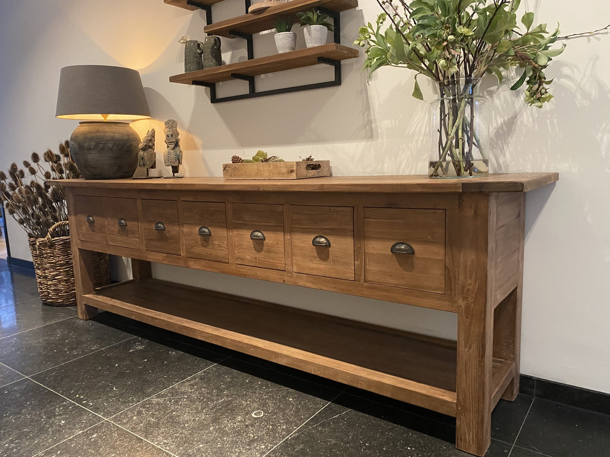 Konsole Teakholz Naturholz, Wandtisch Holz mit Schubladen, Breite 250 cm