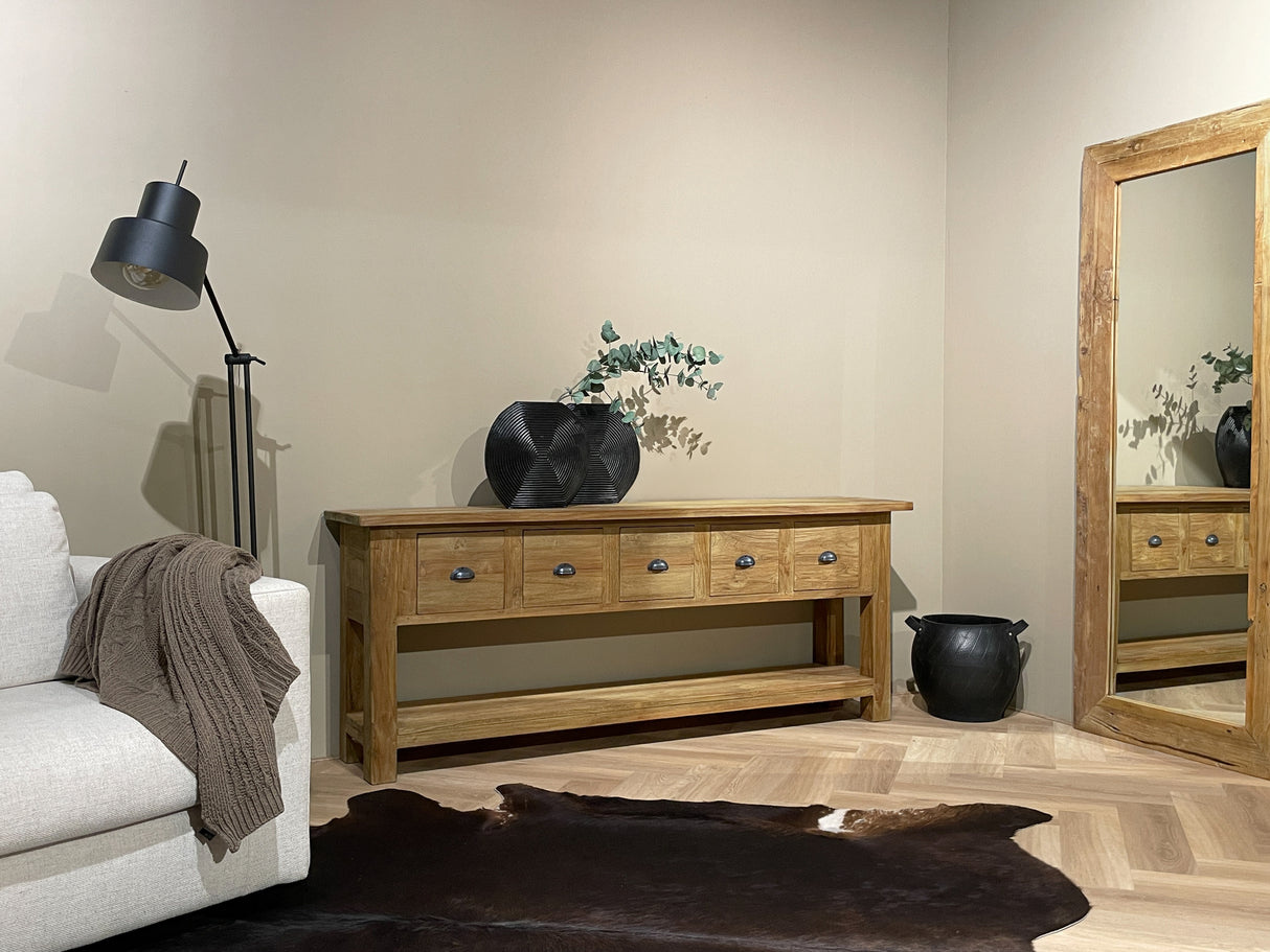 Konsole Teakholz Naturholz, Wandtisch Holz mit Schubladen, Breite 200 cm