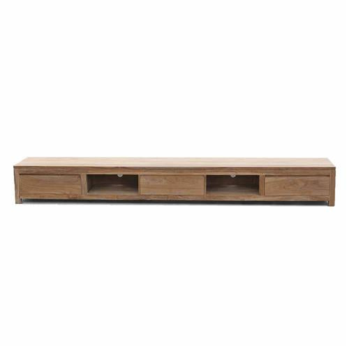 TV Schrank Teakholz Naturholzfarbe 300 cm, Fernsehschrank Massivholz mit Schublade Naturholz-braun, Länge 300 cm