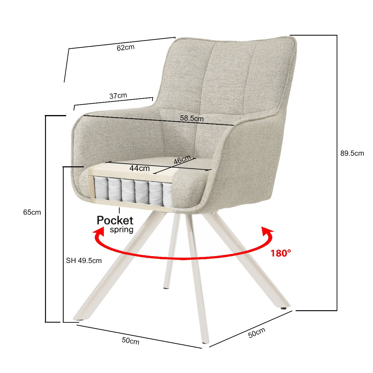 Stuhl beige Stuhlbeine drehbar,  Esszimmerstuhl Farbe beige-Sand, Stuhl Federkern,  Breite 62 cm
