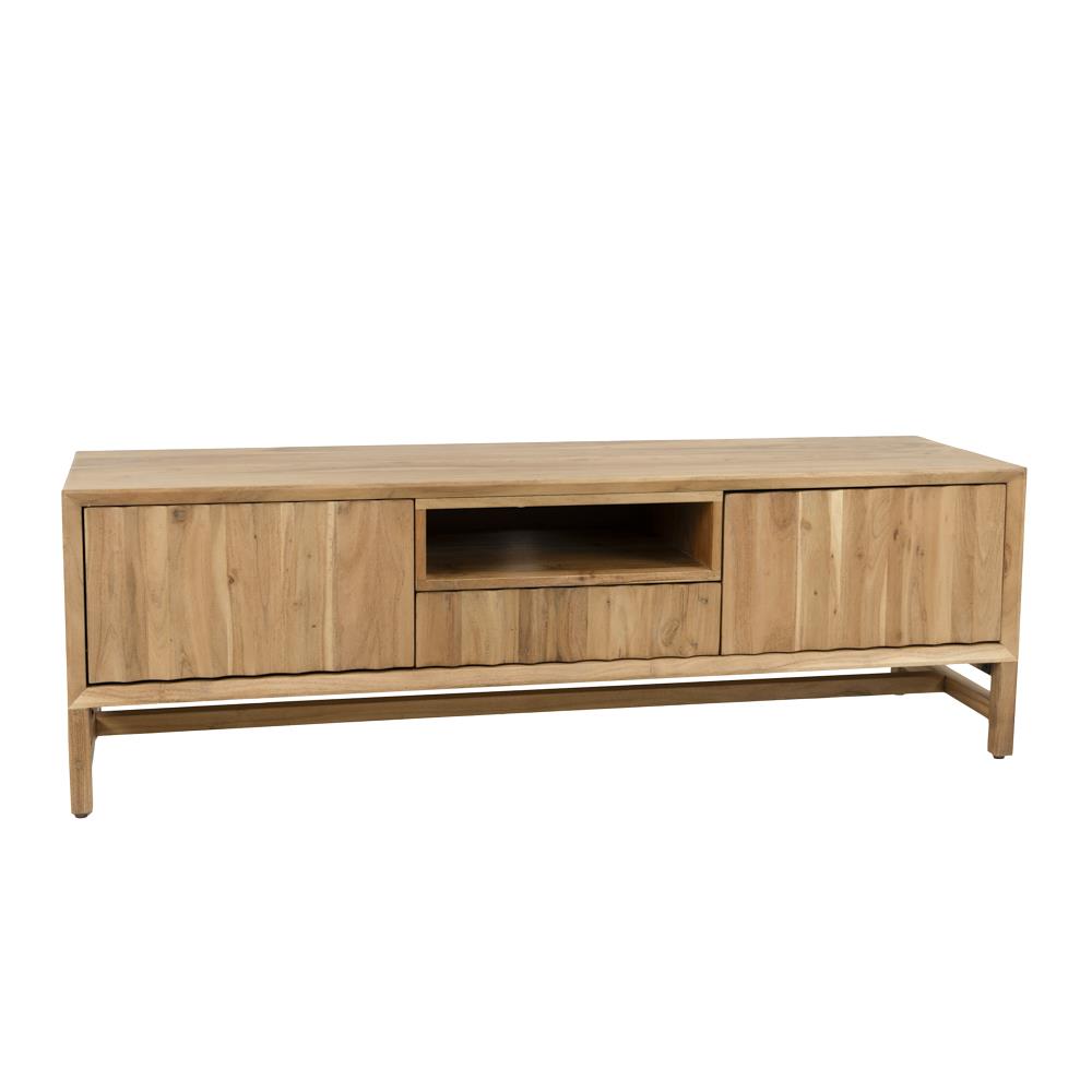 TV Schrank Akazienholz Naturholzfarbe 145 cm, Fernsehschrank Massivholz mit Schublade Naturholz-braun, Länge 145 cm