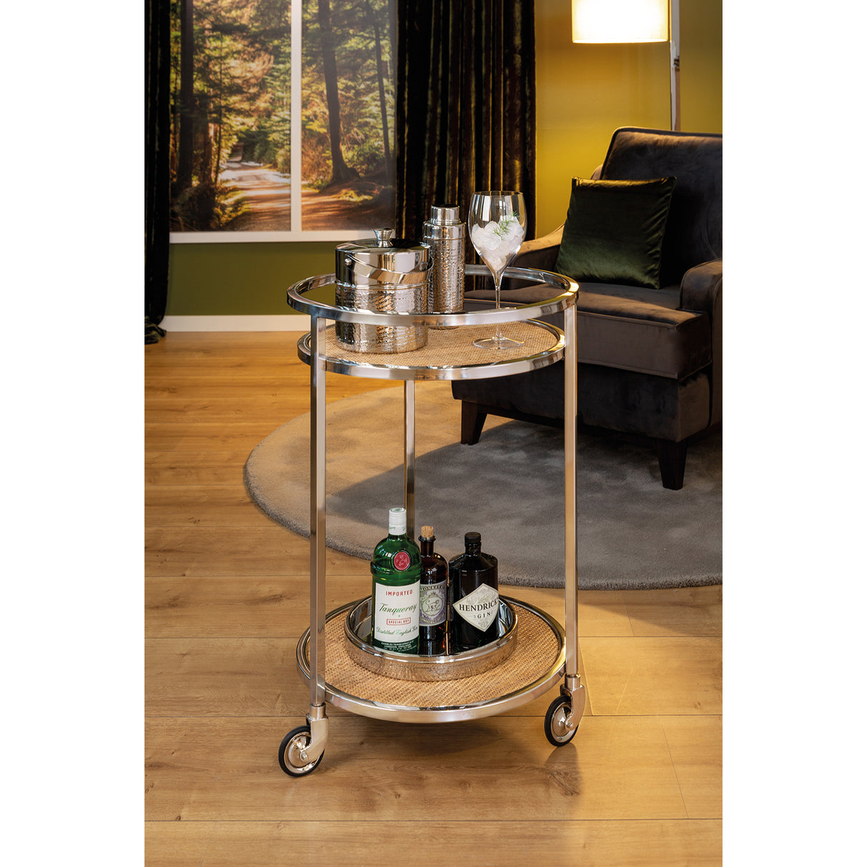 Servierwagen Glas Metall, Barwagen Silber, Trolley Silber