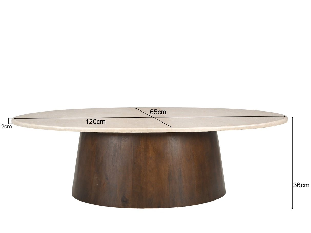 Couchtisch oval Marmor-Tischplatte beige , ovaler Couchtisch beige-braun, Länge 120 cm