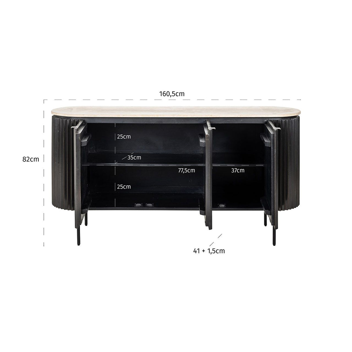 Sideboard Stein Travertin schwarz,  Anrichte schwarz Eiche furniert, Breite 160 cm