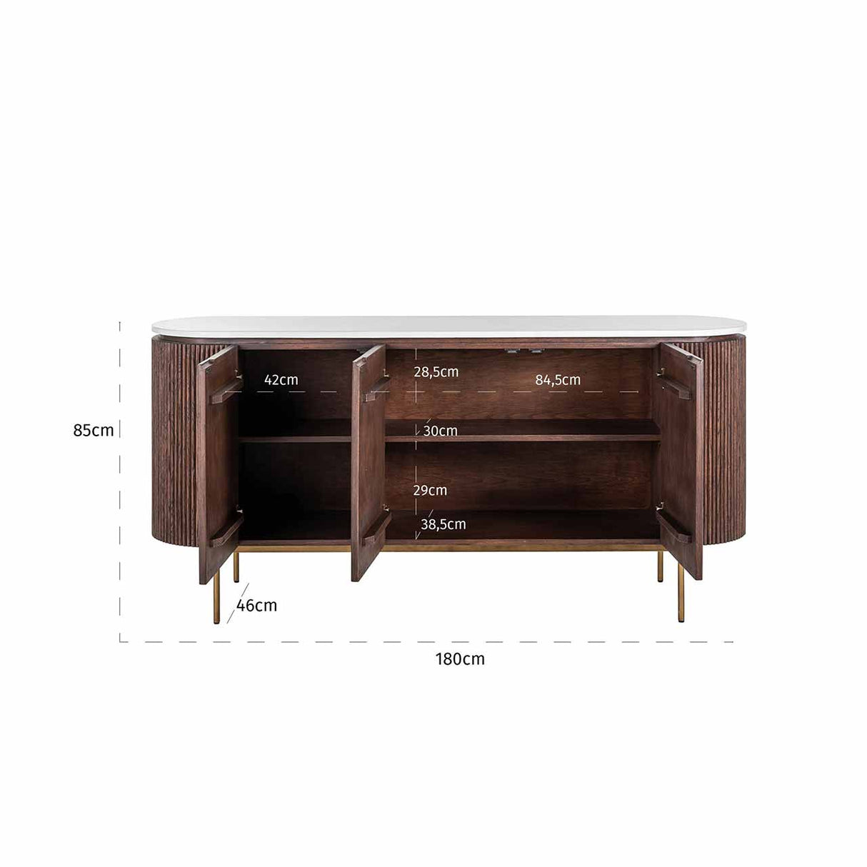 Sideboard braun-weiß, Anrichte Marmor weiß Holz braun, Breite 180 cm