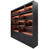 Bücherschrank schwarz mit Beleuchtung , Bücherschrank modern schwarz, Schrank mit vier Türen schwarz, Breite 250 cm