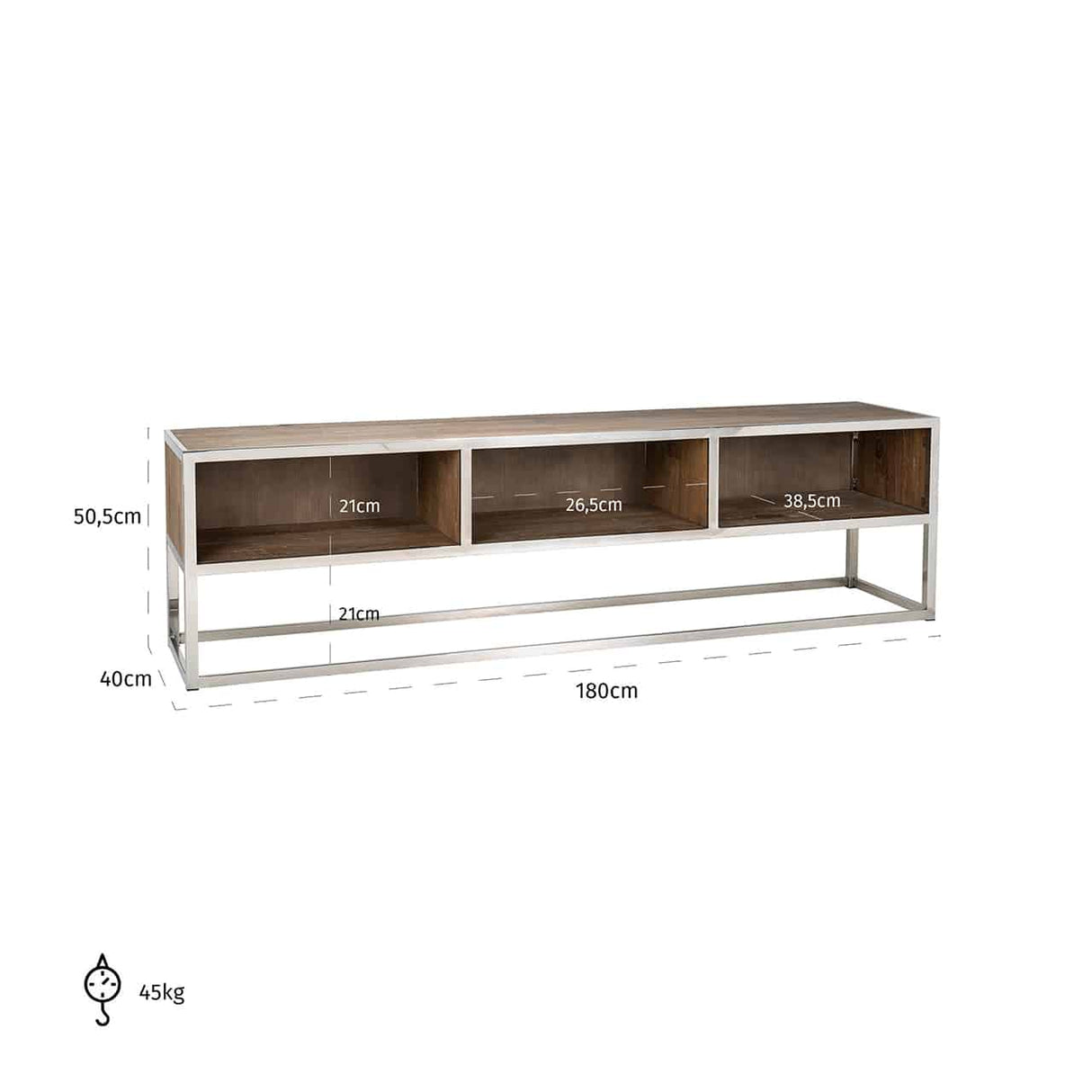 TV Schrank Silber Gestell, TV Regal verchromt  Altholz, Fernsehschrank Silber, Breite 180 cm