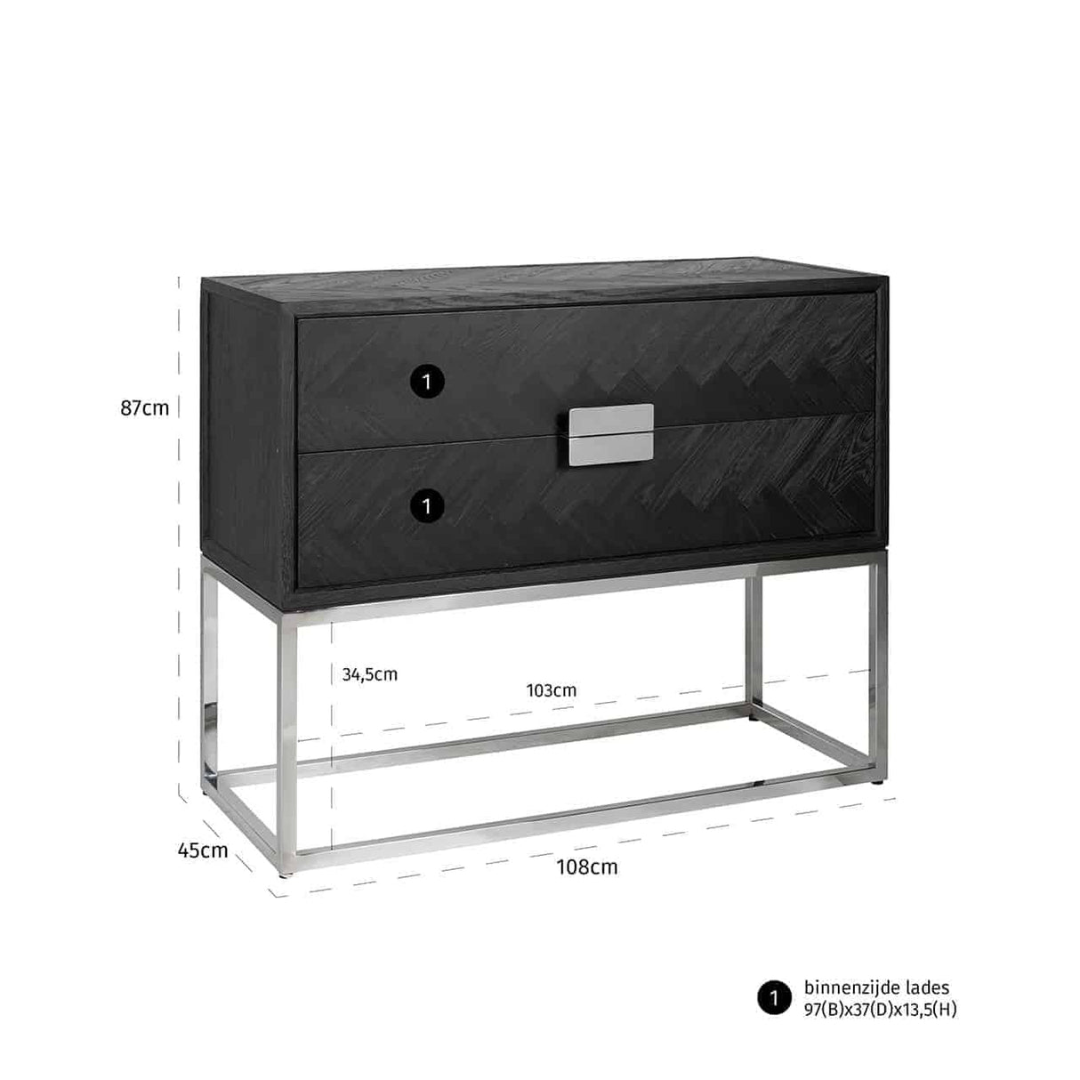 Schrank braun-schwarz, Kommode verchromt schwarz, Schrank mit zwei Schubladen, Breite 108 cm