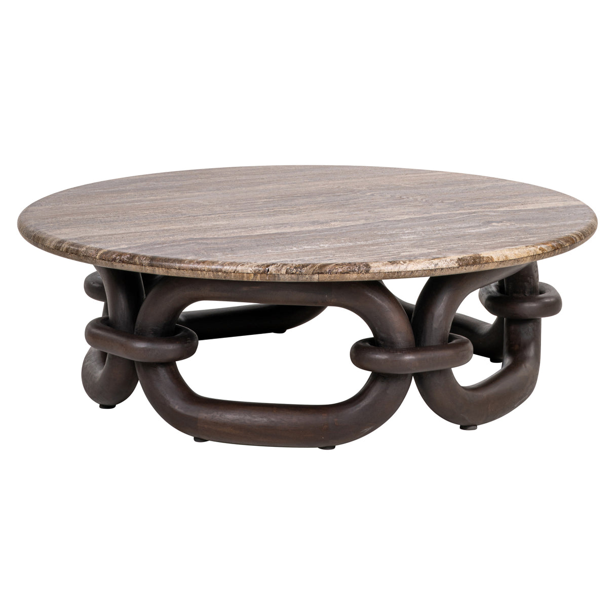 Couchtisch rund braun, runder Couchtisch braun Holz-Travertin, Durchmesser 110 cm