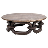 Couchtisch rund braun, runder Couchtisch braun Holz-Travertin, Durchmesser 110 cm
