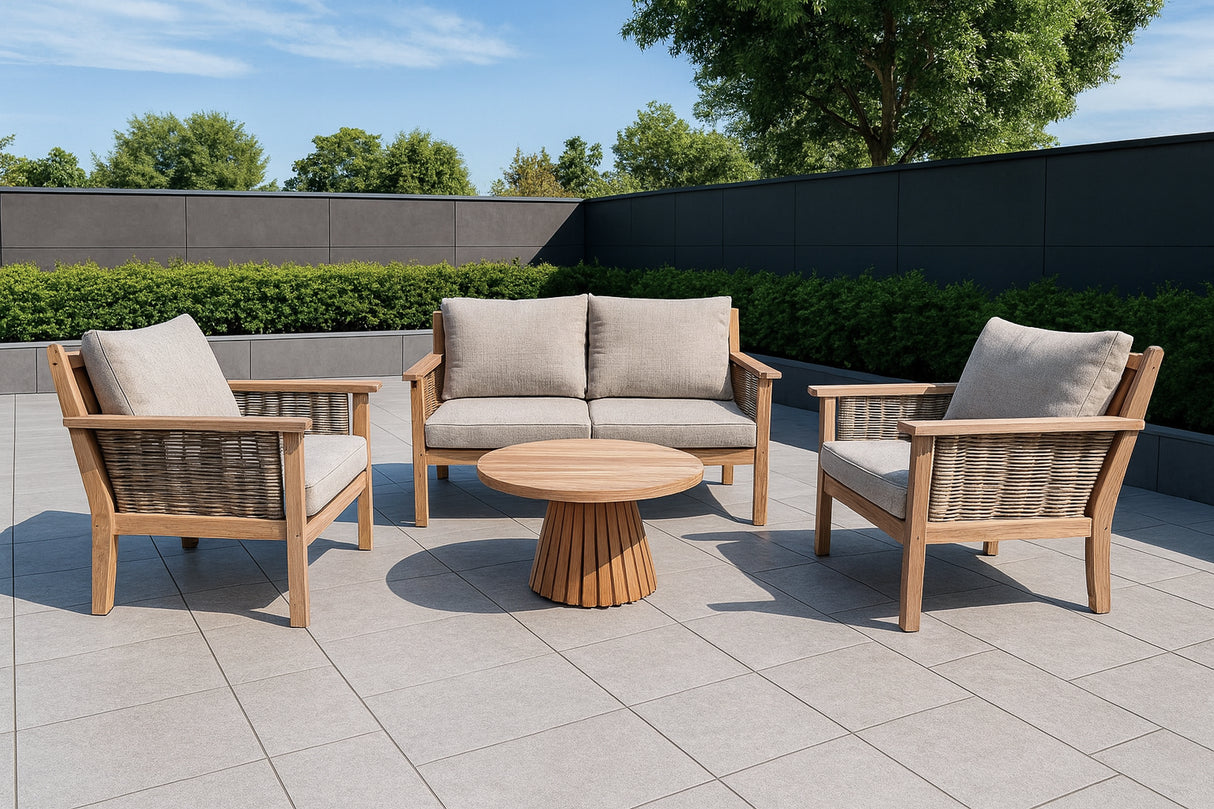 Garten-Sitzgarnitur Set Holz, Gartenbank mit zwei Sessel und Gartentisch rund, Gartenlounge Teak Naturholz