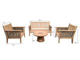 Garten-Sitzgarnitur Set Holz, Gartenbank mit zwei Sessel und Gartentisch rund, Gartenlounge Teak Naturholz