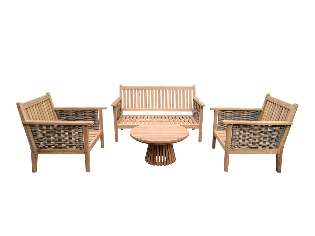 Garten-Sitzgarnitur Set Holz, Gartenbank mit zwei Sessel und Gartentisch rund, Gartenlounge Teak Naturholz