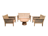 Garten-Sitzgarnitur Set Holz, Gartenbank mit zwei Sessel und Gartentisch rund, Gartenlounge Teak Naturholz