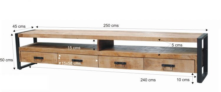 TV Schrank braun, TV Regal Industriedesign, Lowbaord schwarz Industrie, Fernsehschrank Massivholz, Breite 250 cm