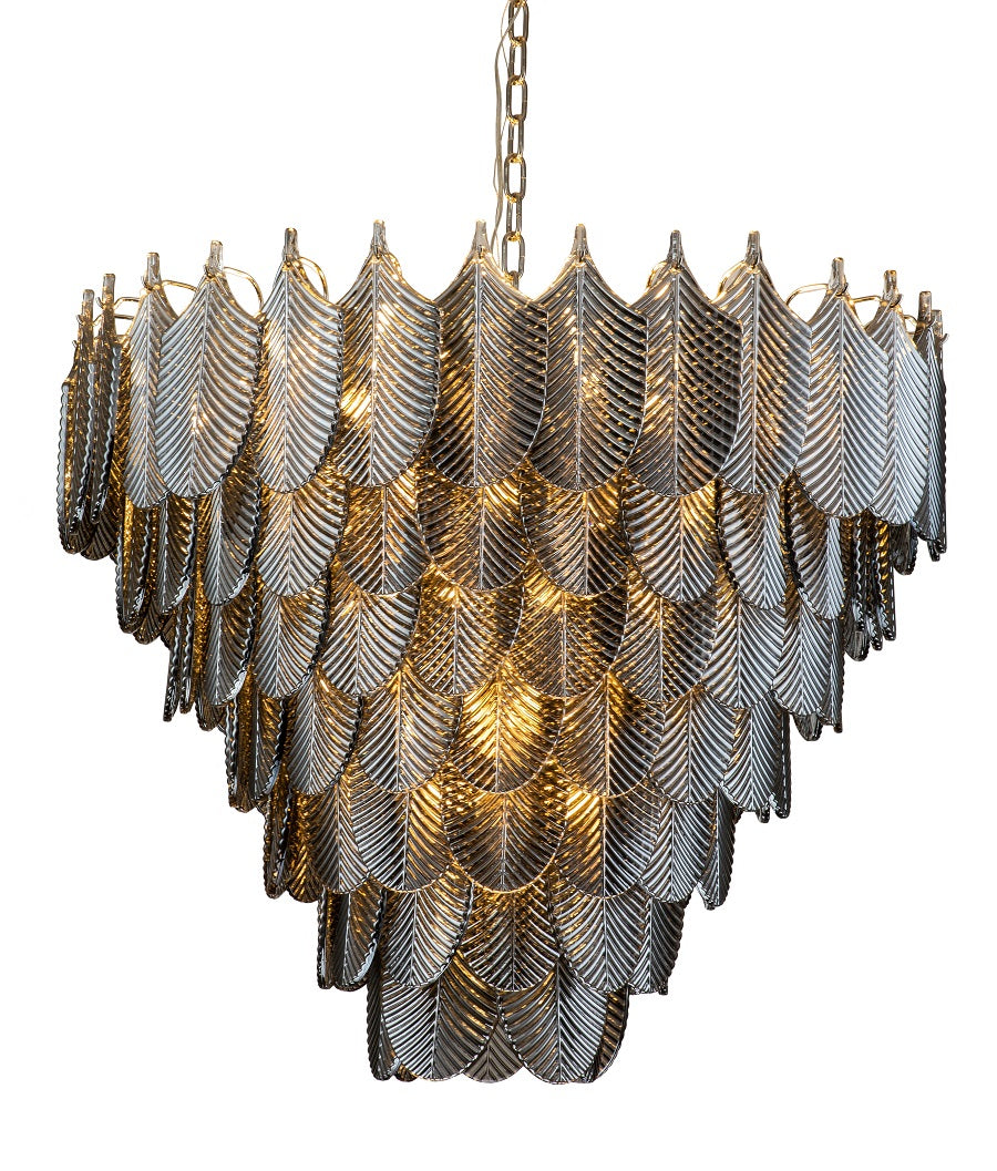 Kronleuchter rund Gold-grau-transparent, Hängeleuchte rund grau-Glas, Hängelampe Gold, Durchmesser 82 cm