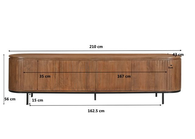 TV Schrank Naturholz halbrunde Ecken, ovaler Fernsehschrank Farbe Naturholz, TV Lowboard Holz, Breite 210 cm